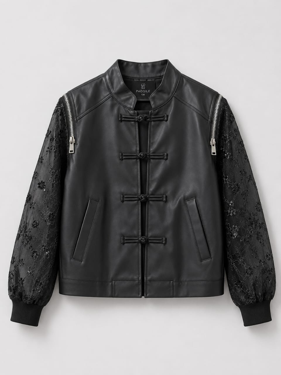 Elegant Lace Sleeve Leather Jacket
