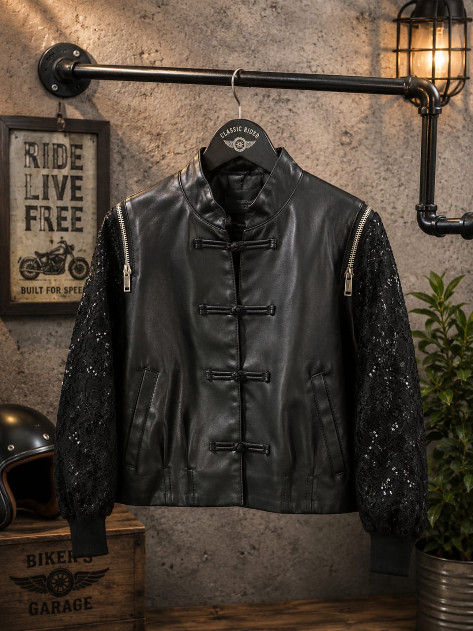 Elegant Lace Sleeve Leather Jacket 2