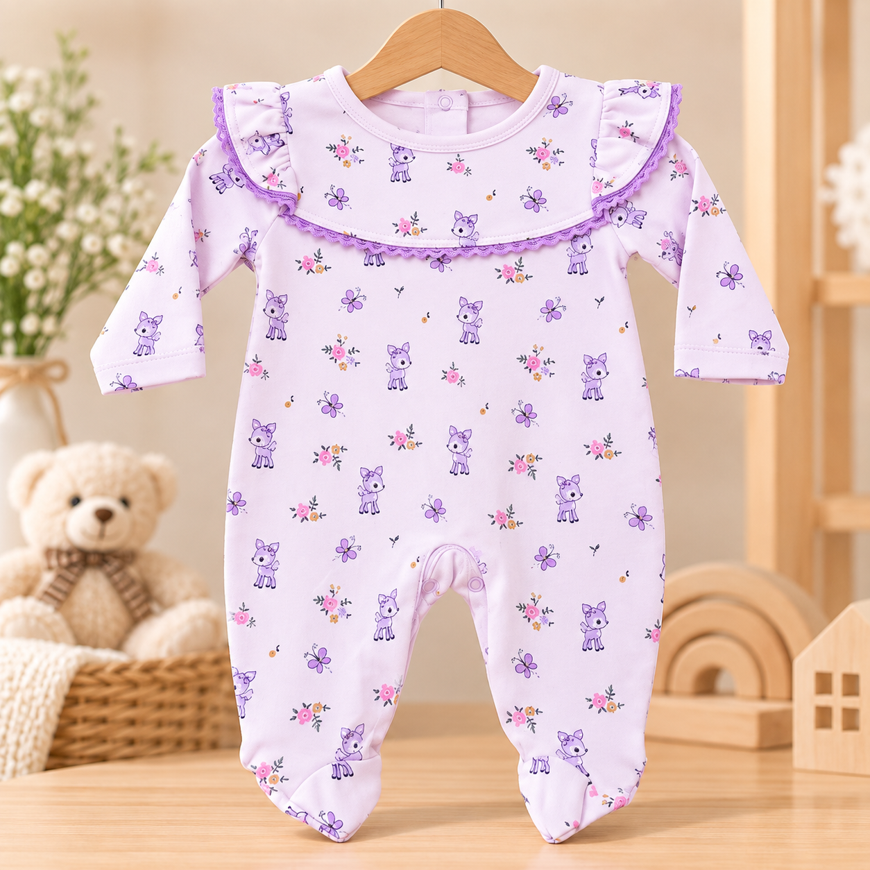 Imported Korean Baby Romper – Lavender Deer & Floral Print