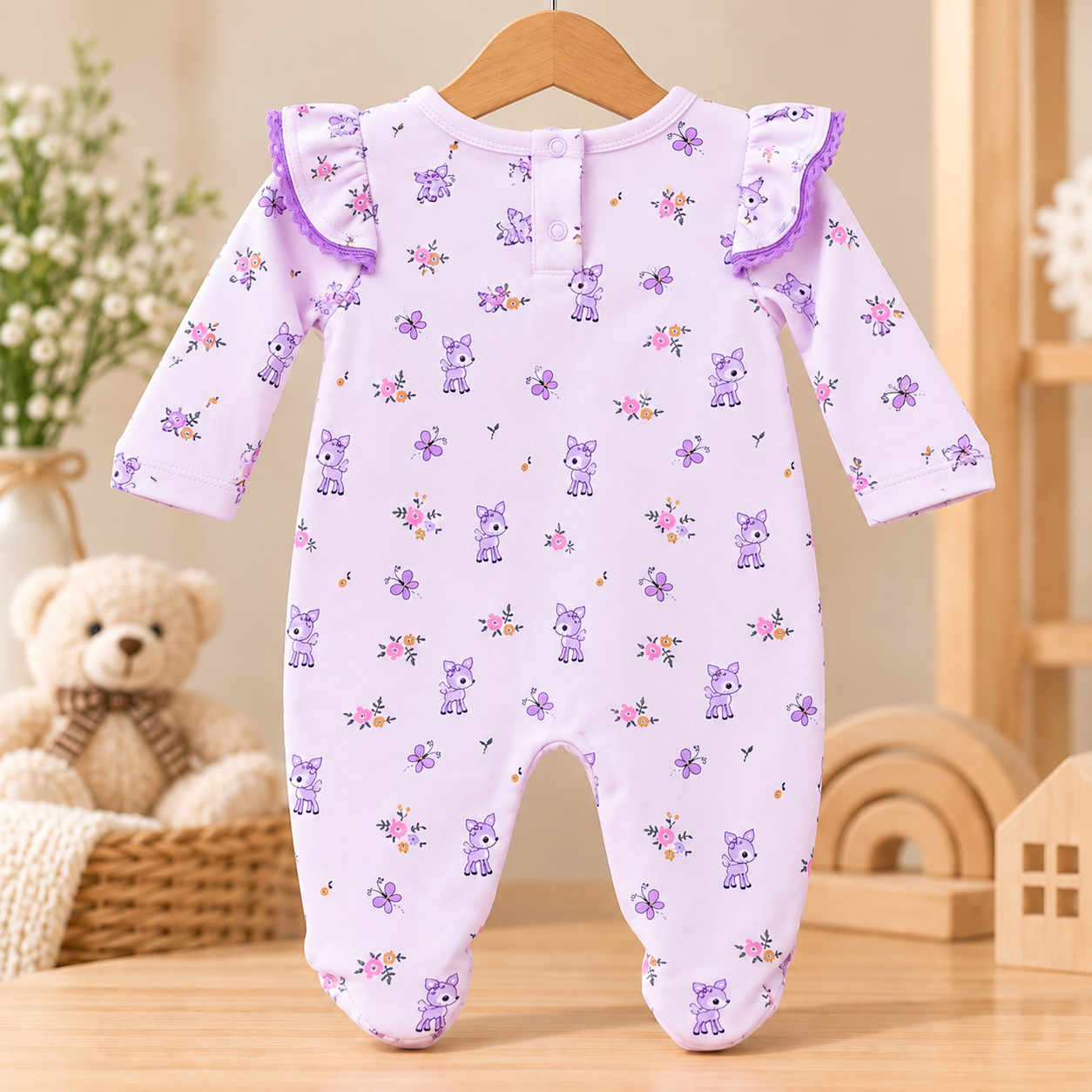 Imported Korean Baby Romper – Lavender Deer & Floral Print 2
