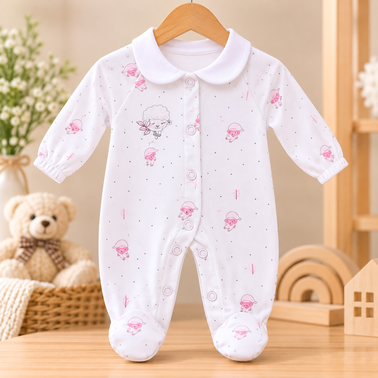Imported Korean Baby Romper – Pink Lamb & Bunny Print