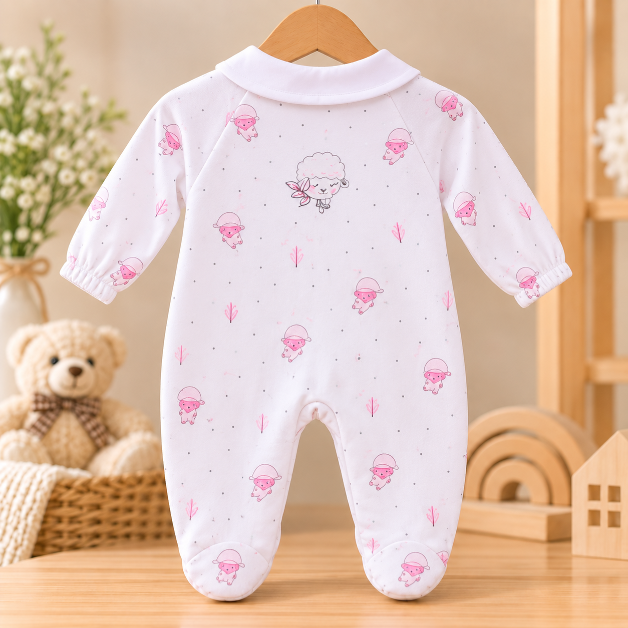Imported Korean Baby Romper – Pink Lamb & Bunny Print 2