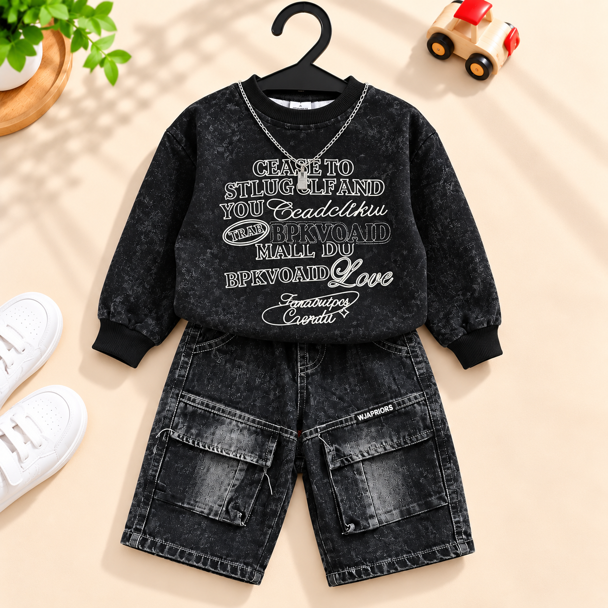 Imported Cordset – Black Printed Sweatshirt & Cargo Shorts Set