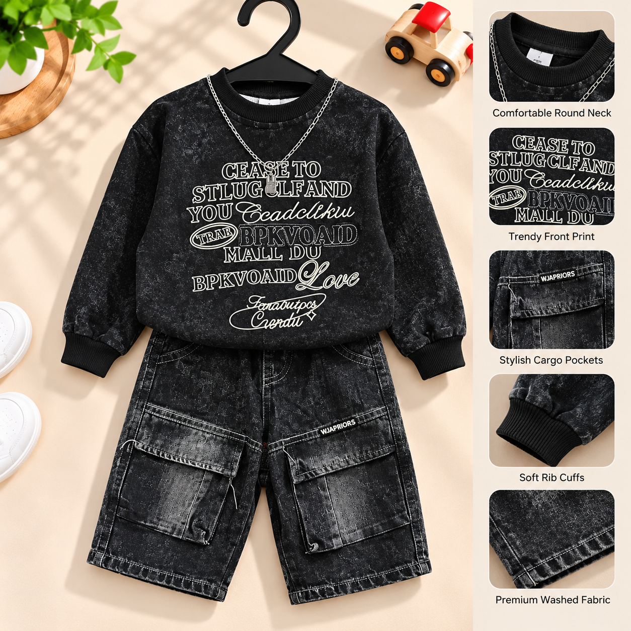 Imported Cordset – Black Printed Sweatshirt & Cargo Shorts Set 2