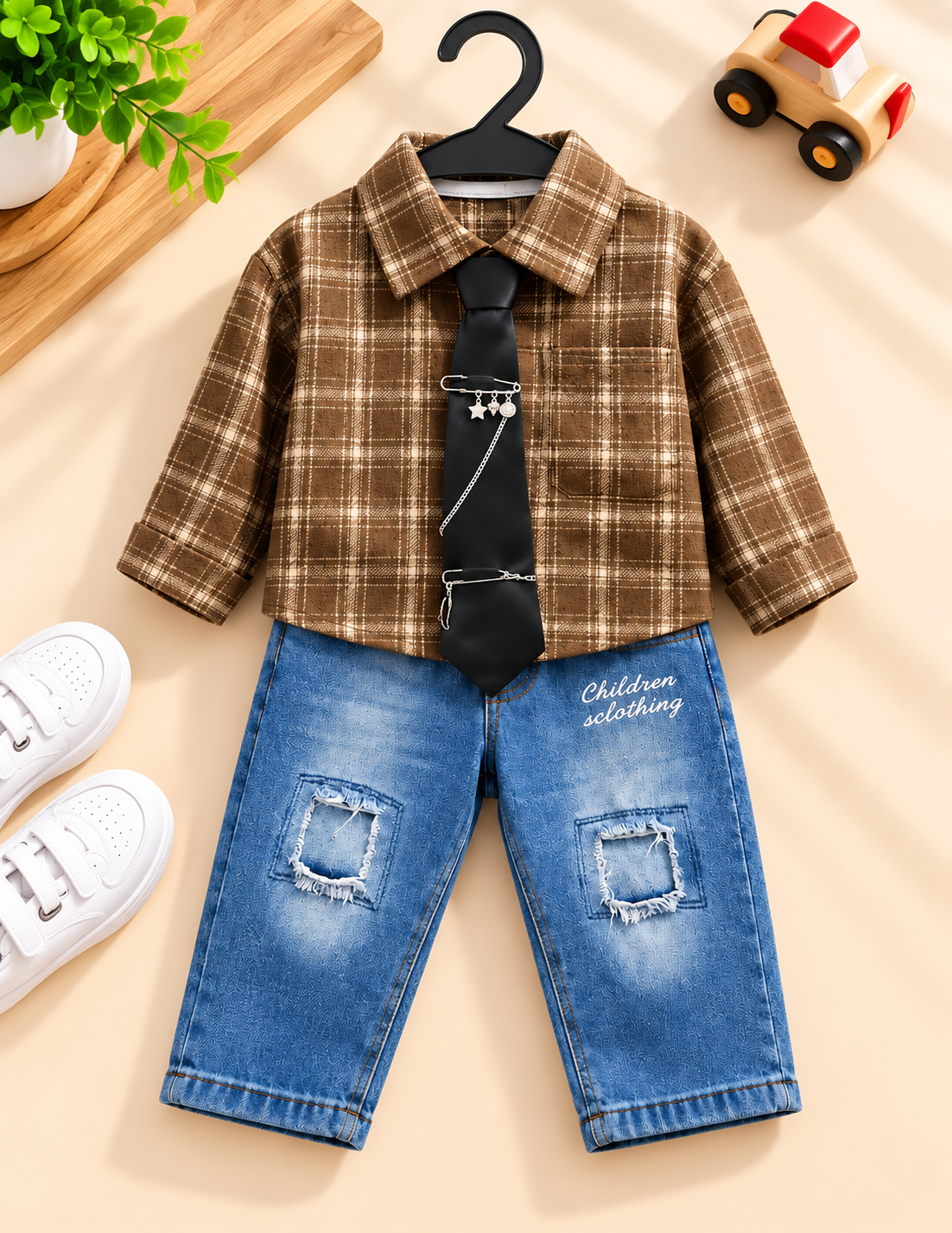 Imported Cordset – Boys’ Checked Shirt with Tie & Denim Jeans Set