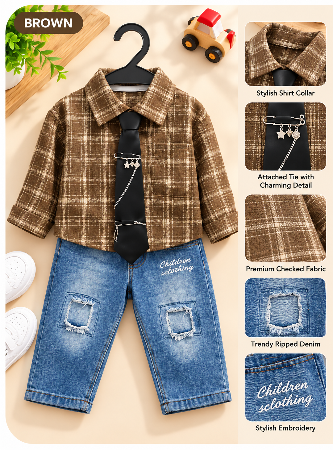Imported Cordset – Boys’ Checked Shirt with Tie & Denim Jeans Set 2