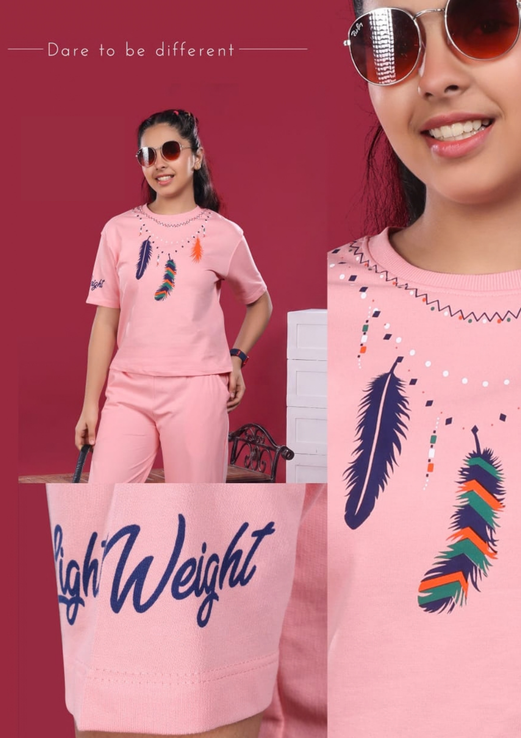 Baby Pink Feather Print Cordset Girls 2