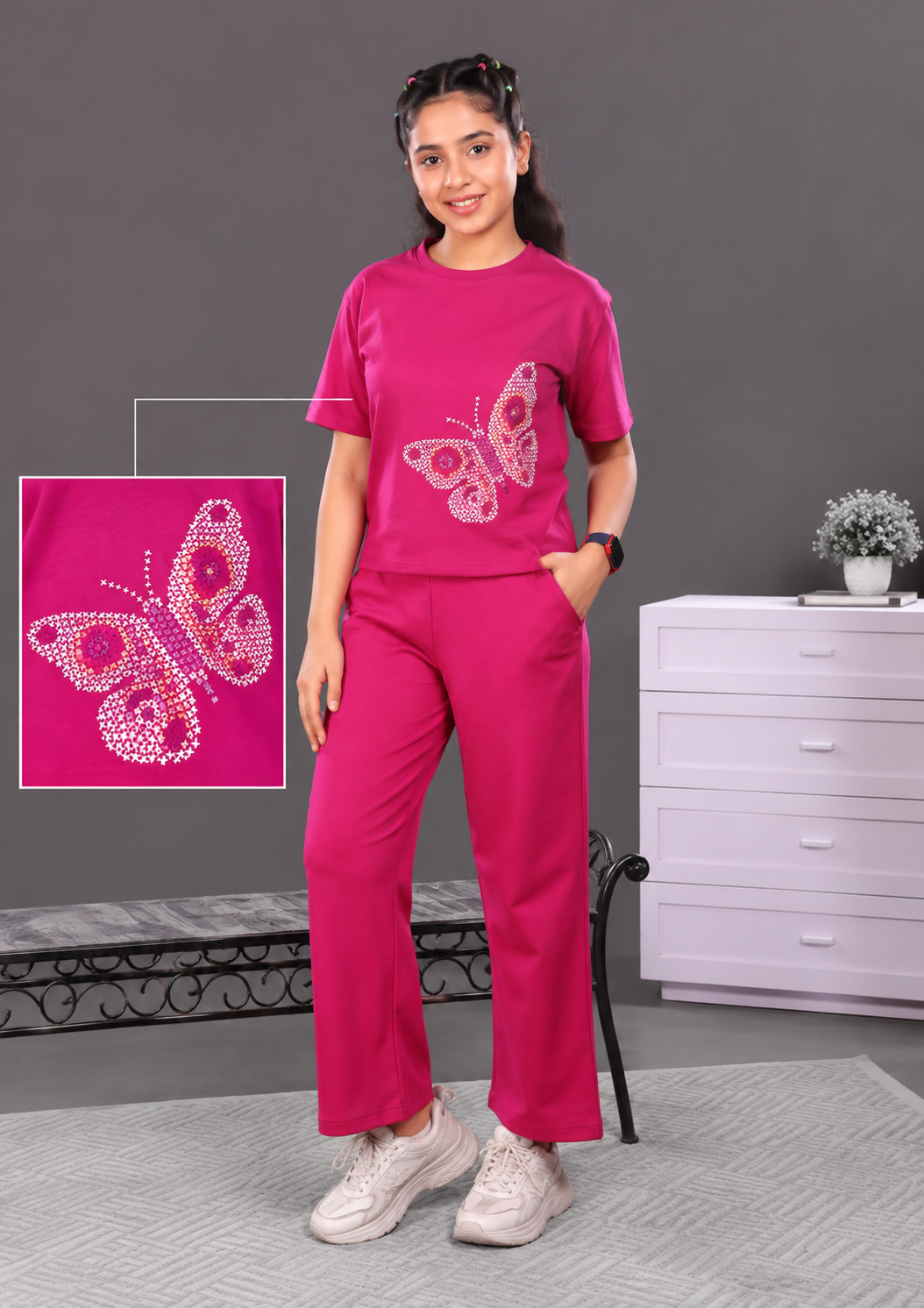Butterfly Print Magenta Girls Premium Cordset 3